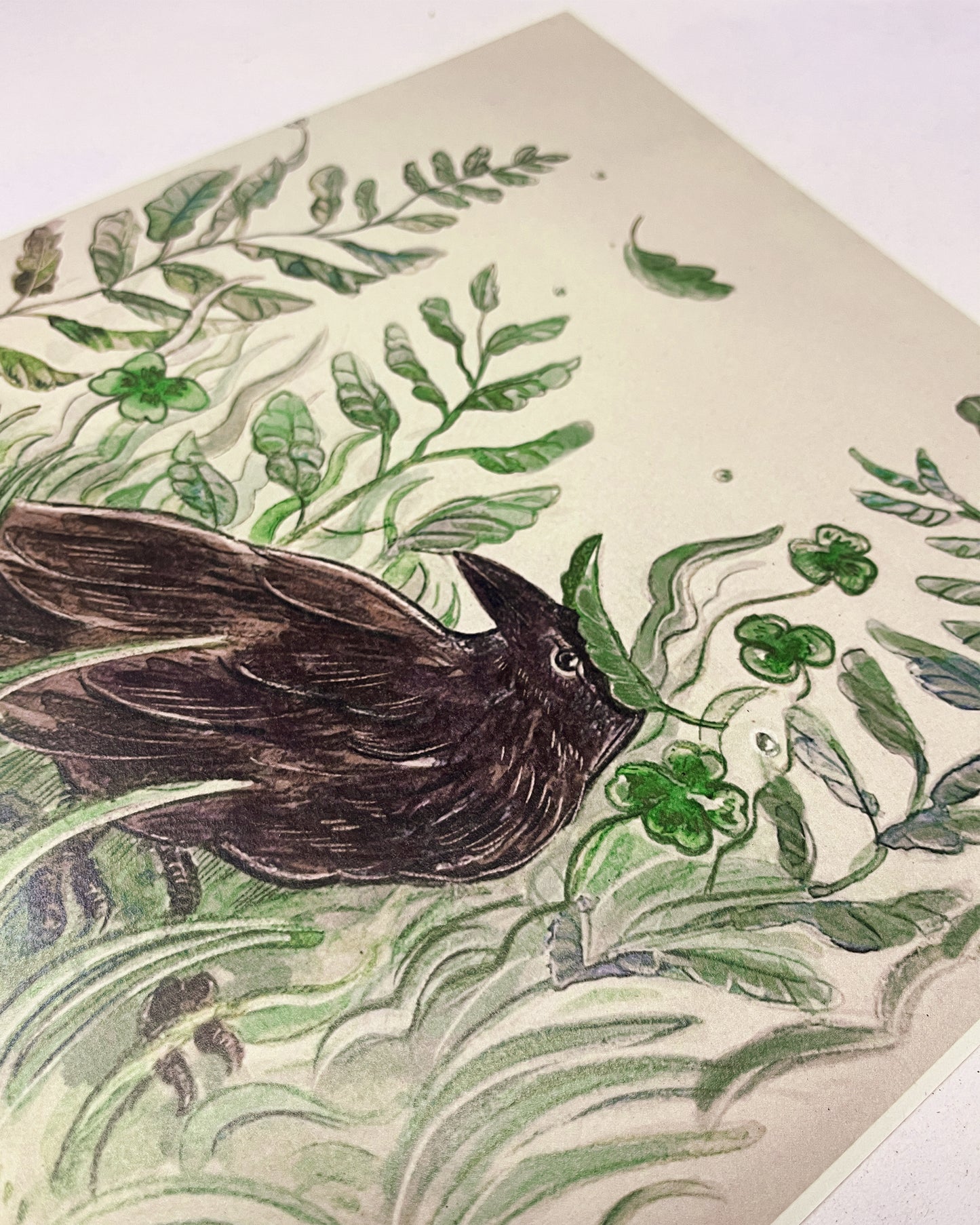 Print, Cuervo en el jardín, ilustración, reproducción en papel texturizado