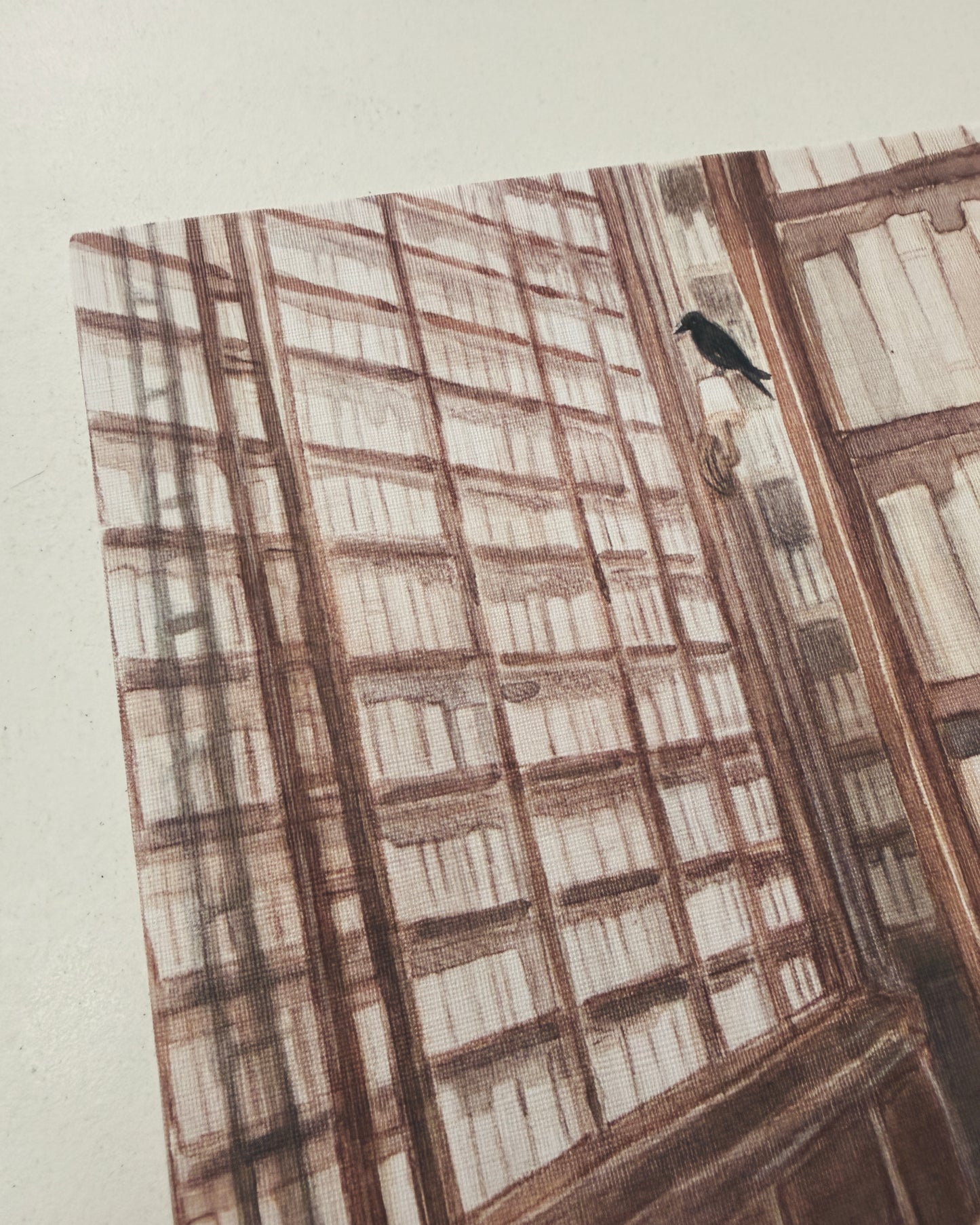 Print Biblioteca & Cuervo 🐦⬛ reproducción en papel texturizado de ilustración en acuarela