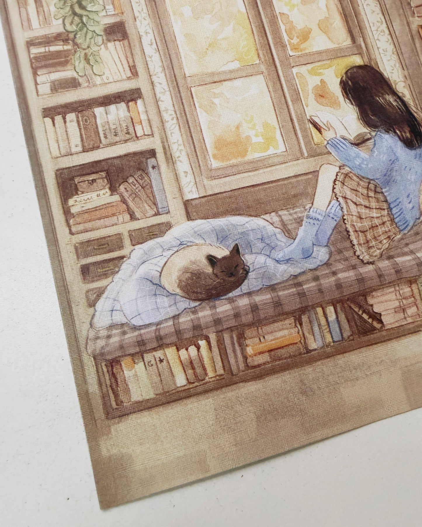 Print Lectura ☕🕯️📖 reproducción en papel texturizado de ilustración en acuarela
