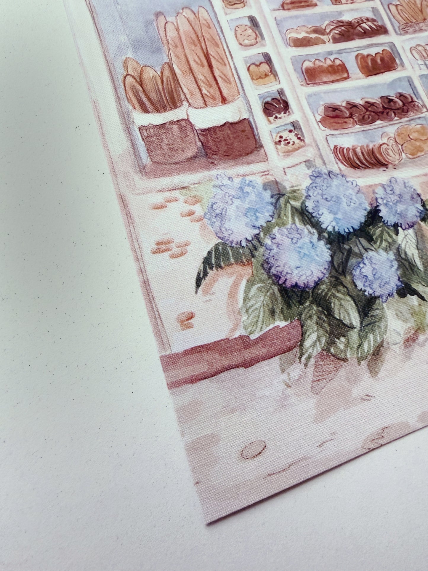 Print Pan & Hortensias 🥖🎐 reproducción en papel texturizado de ilustración en acuarela