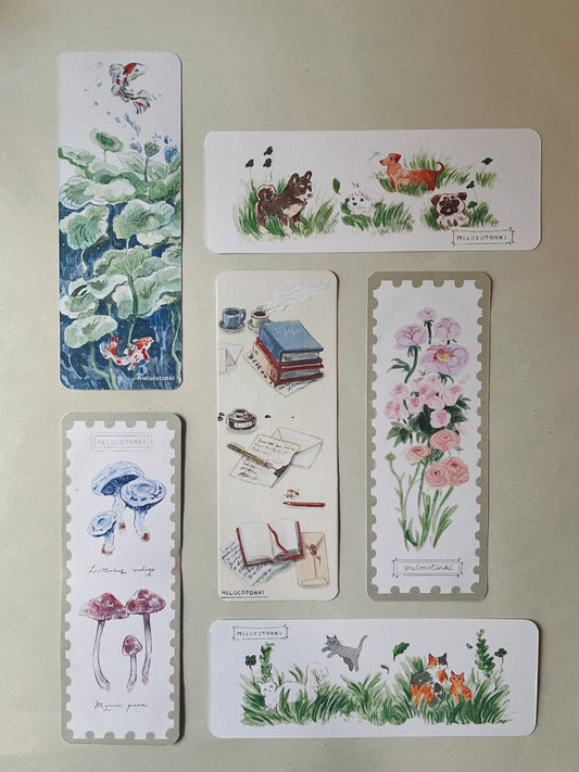Colección 6 separadores 🔖 Koi, hongos, gatitos, flores, perritos, libros