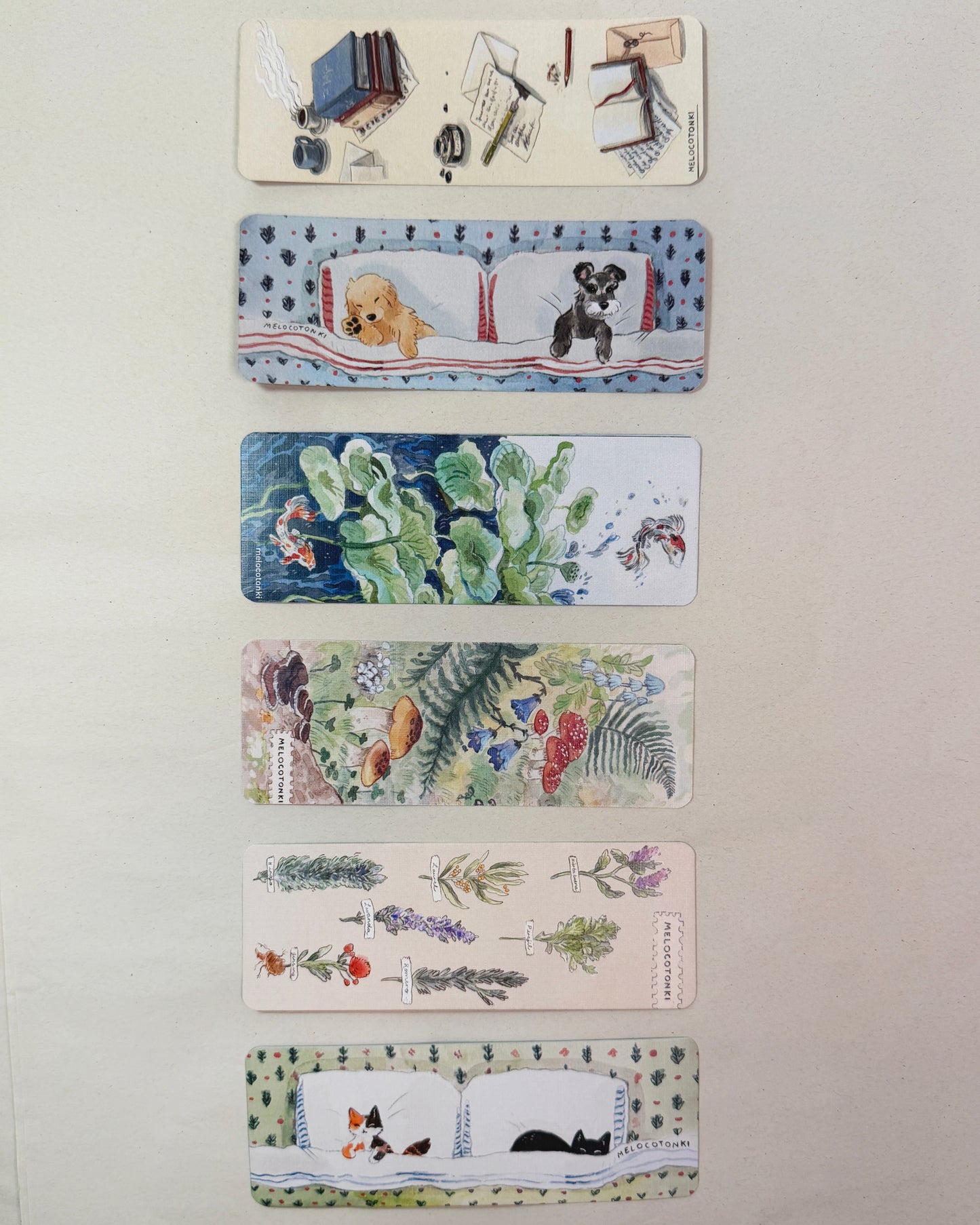 Colección 6 separadores 🔖 Koi, hongos, gatitos, flores, perritos, libros