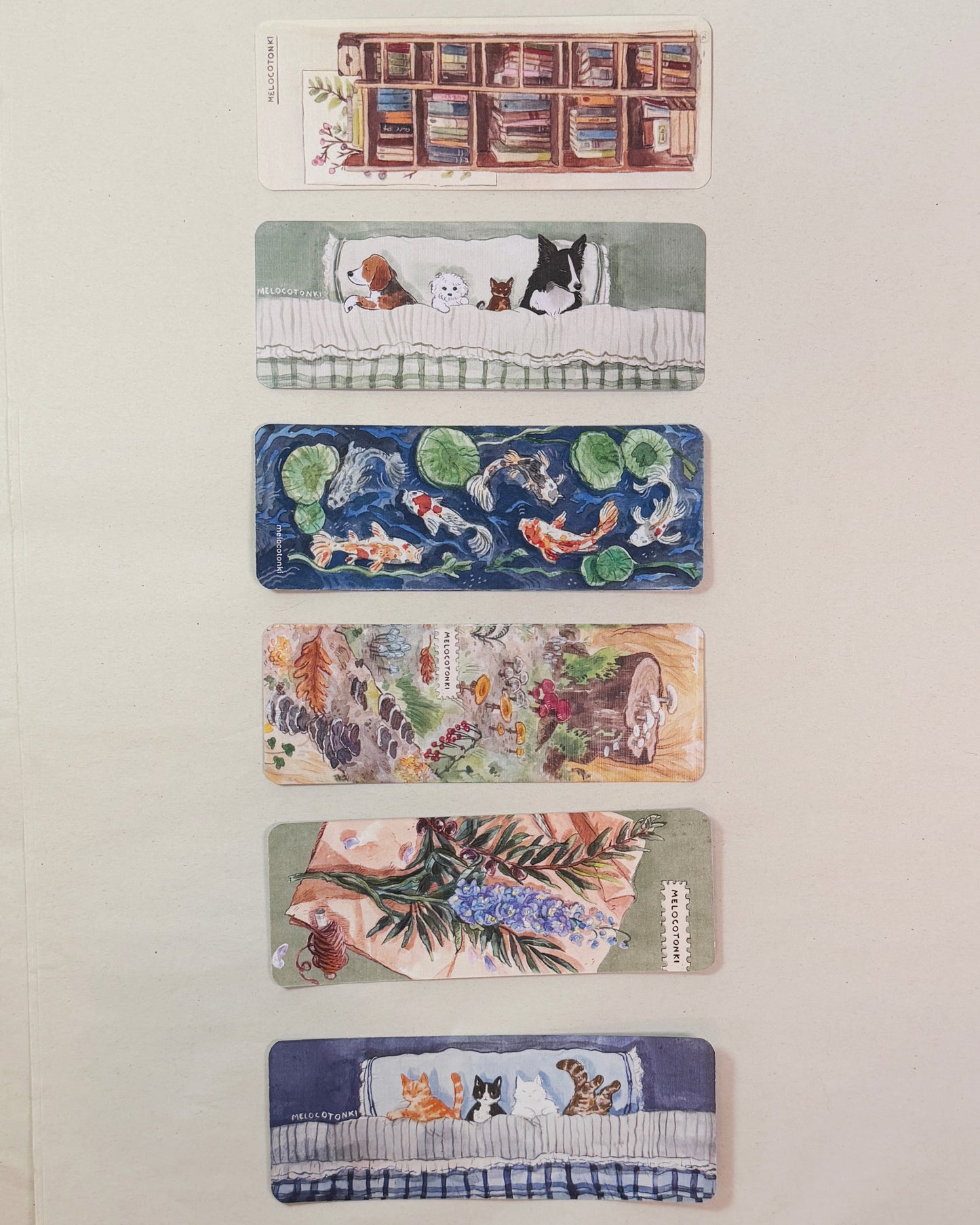 Colección 6 separadores 🔖 Koi, hongos, gatitos, flores, perritos, libros