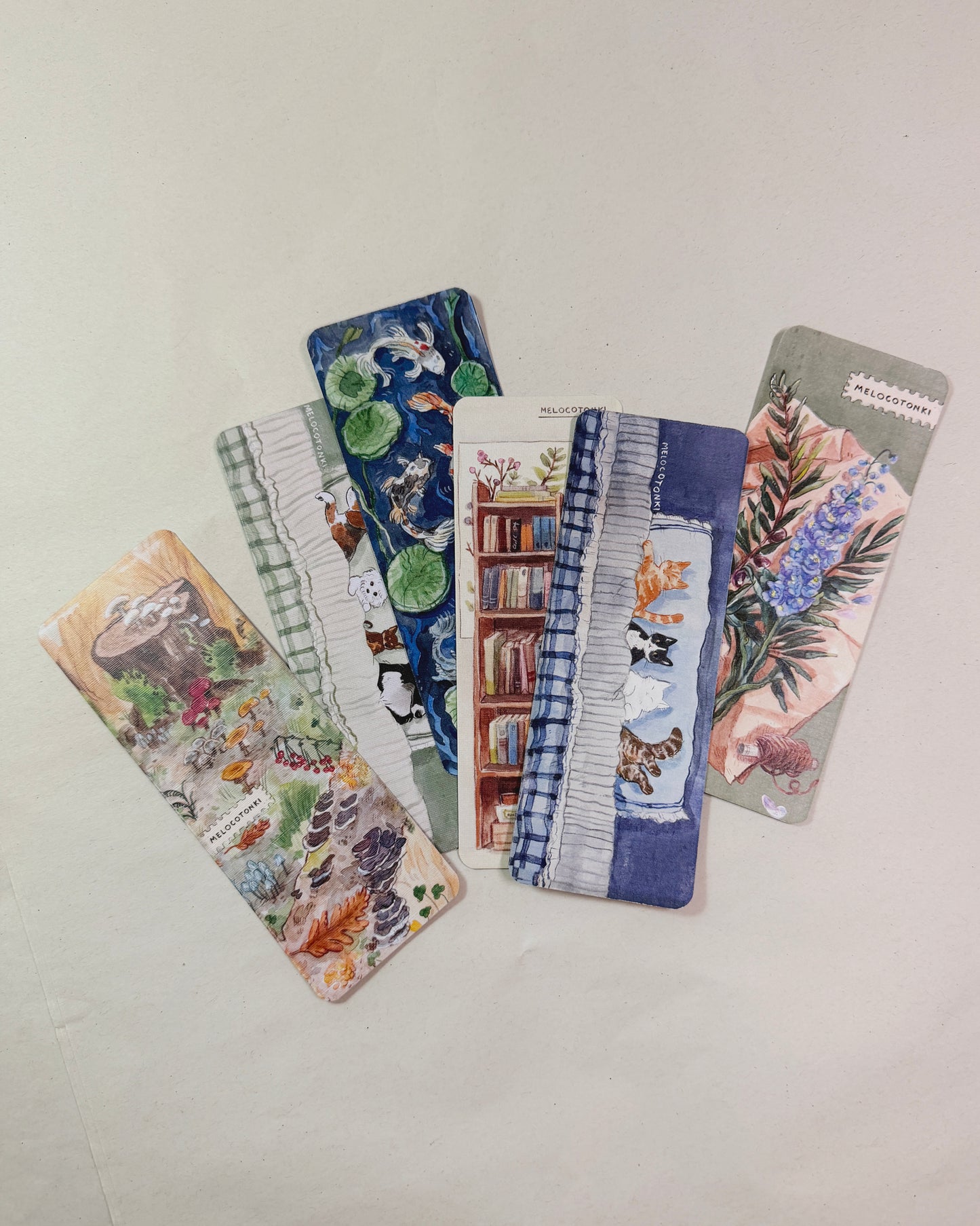 Colección 6 separadores 🔖 Koi, hongos, gatitos, flores, perritos, libros