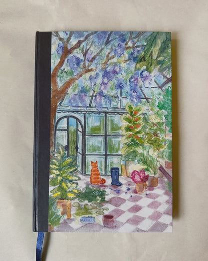 Libreta Invernadero 1/2 carta , pasta dura, 🪴🪻🐈 cuaderno, sketchbook, bullet journal