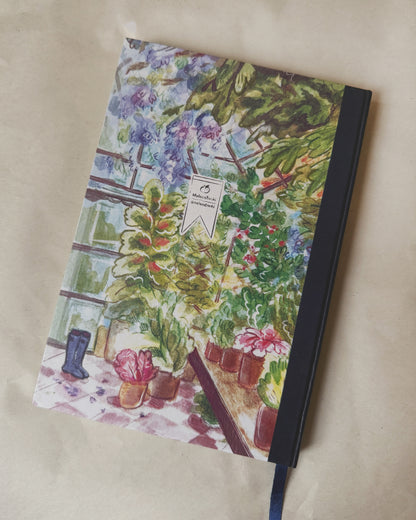 Libreta Invernadero 1/2 carta , pasta dura, 🪴🪻🐈 cuaderno, sketchbook, bullet journal