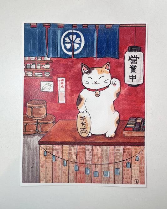 Print, Maneki neko ilustración, reproducción en papel texturizado