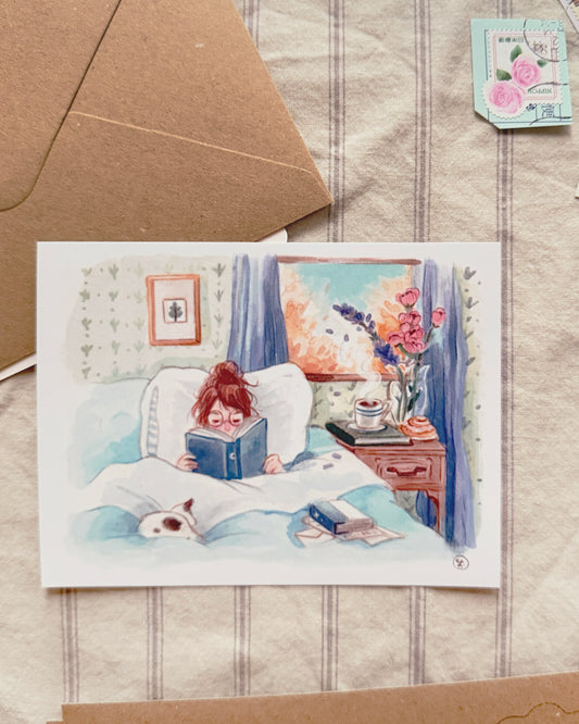 Postal Leyendo en la Cama