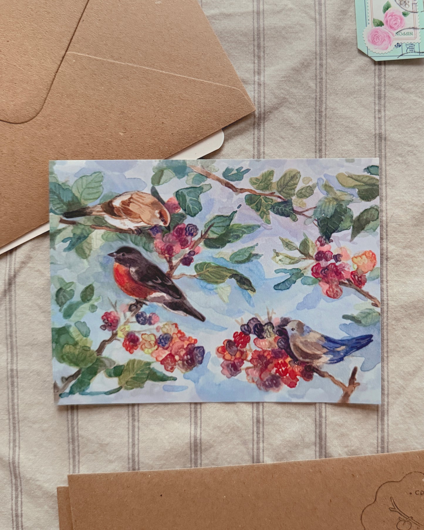 Postal Pájaros en un arbusto de Zarzamoras