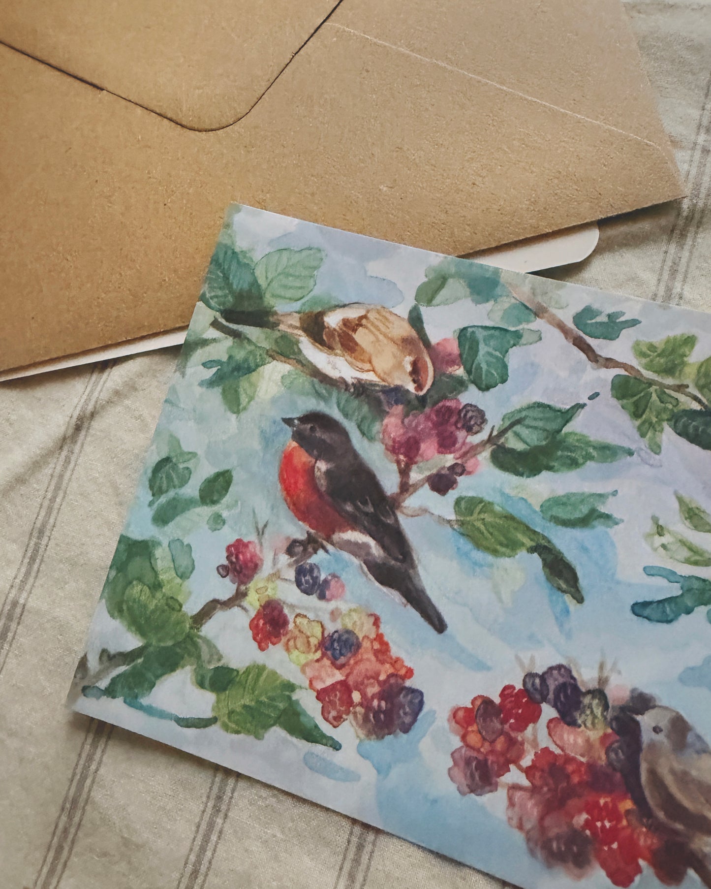 Postal Pájaros en un arbusto de Zarzamoras