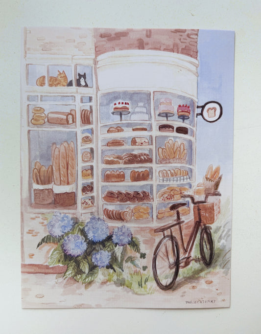 Print Pan & Hortensias 🥖🎐 reproducción en papel texturizado de ilustración en acuarela