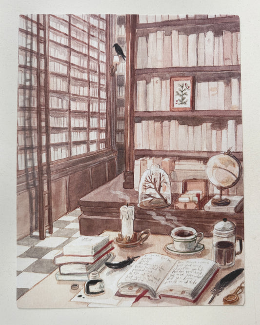 Print Biblioteca & Cuervo 🐦‍⬛ reproducción en papel texturizado de ilustración en acuarela