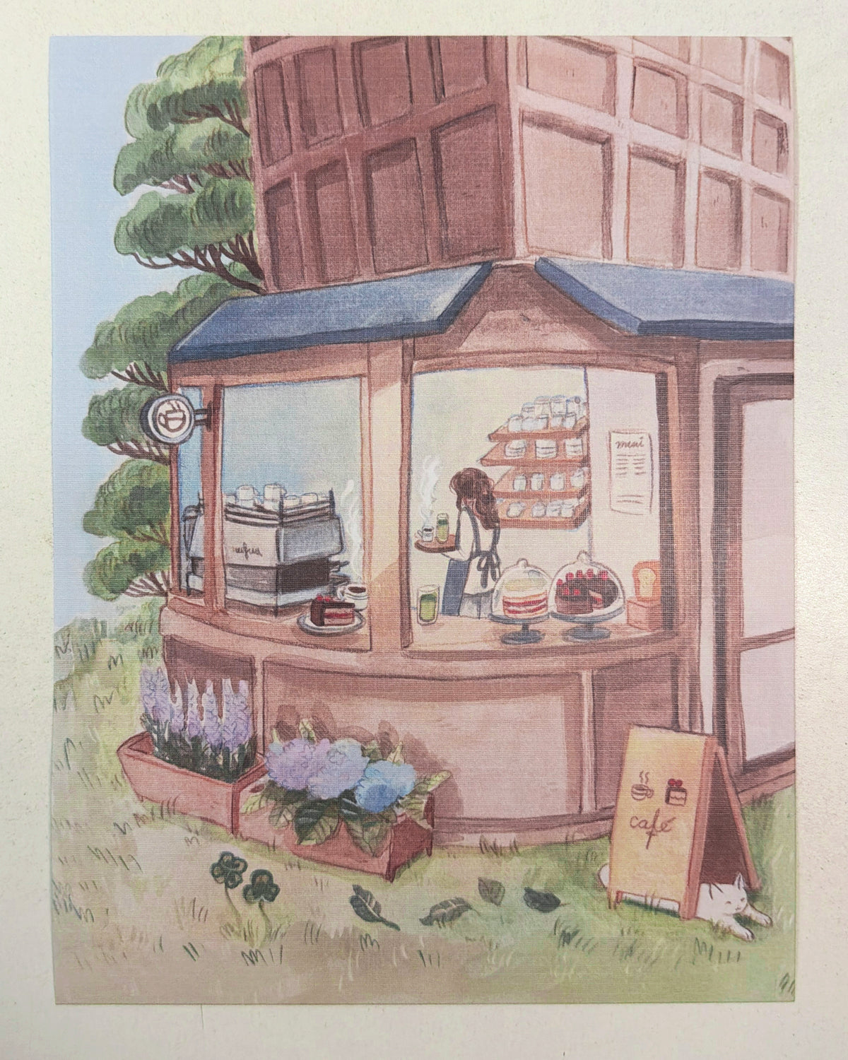 Print Cafetería con hortensias & lavanda 🌿☕️ reproducción en papel texturizado de ilustración en acuarela