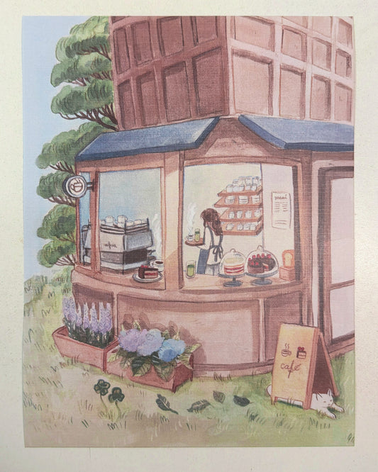 Print Cafetería con hortensias & lavanda 🌿☕️ reproducción en papel texturizado de ilustración en acuarela