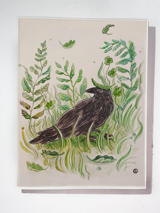 Print, Cuervo en el jardín, ilustración, reproducción en papel texturizado