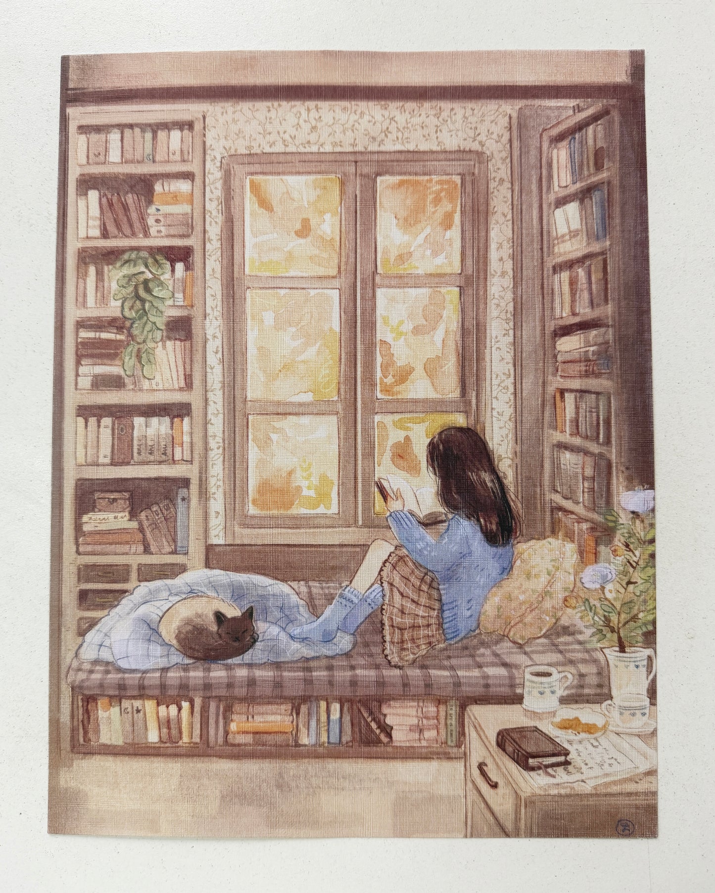 Print Lectura ☕🕯️📖 reproducción en papel texturizado de ilustración en acuarela