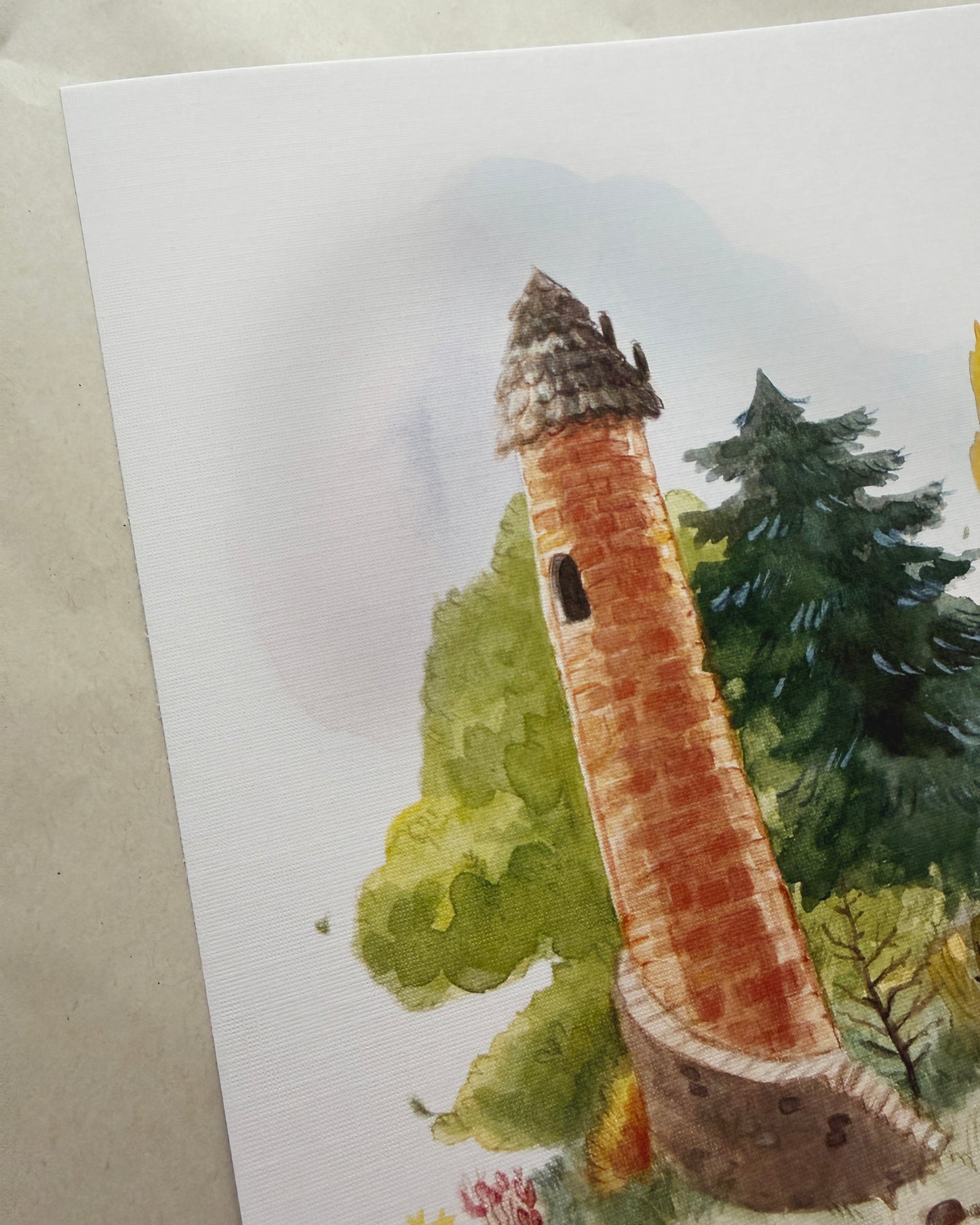 Print Torre y Zorrito, reproducción en papel texturizado de acuarela original
