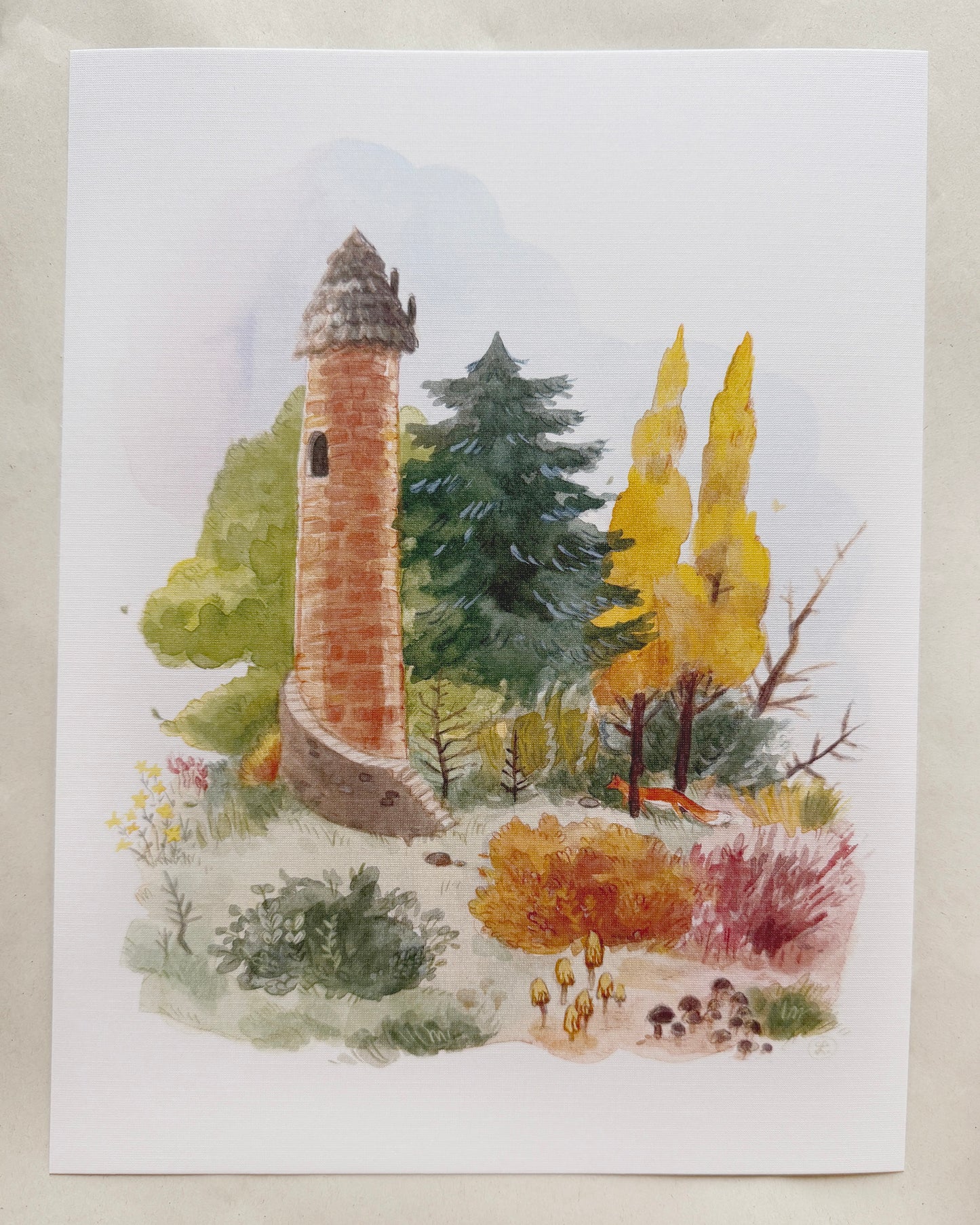 Print Torre y Zorrito, reproducción en papel texturizado de acuarela original