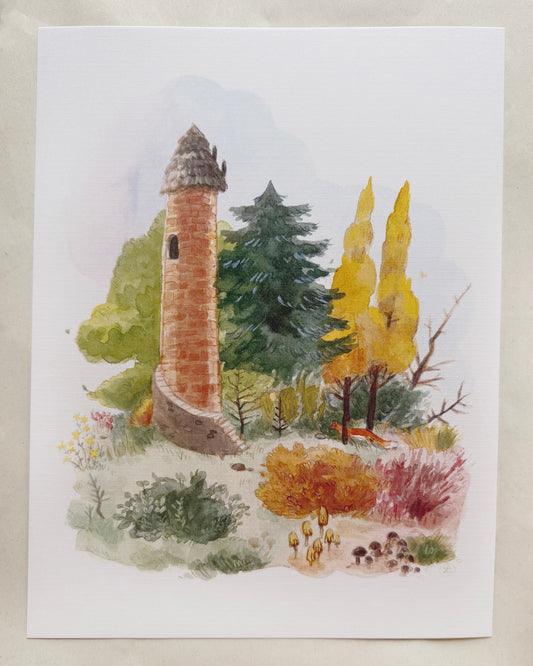 Print Torre y Zorrito, reproducción en papel texturizado de acuarela original