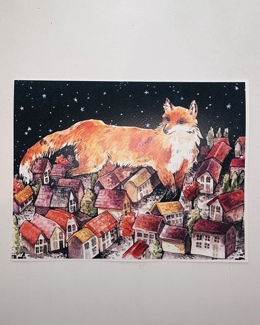 Print, Zorro nocturno, ilustración, reproducción en papel texturizado