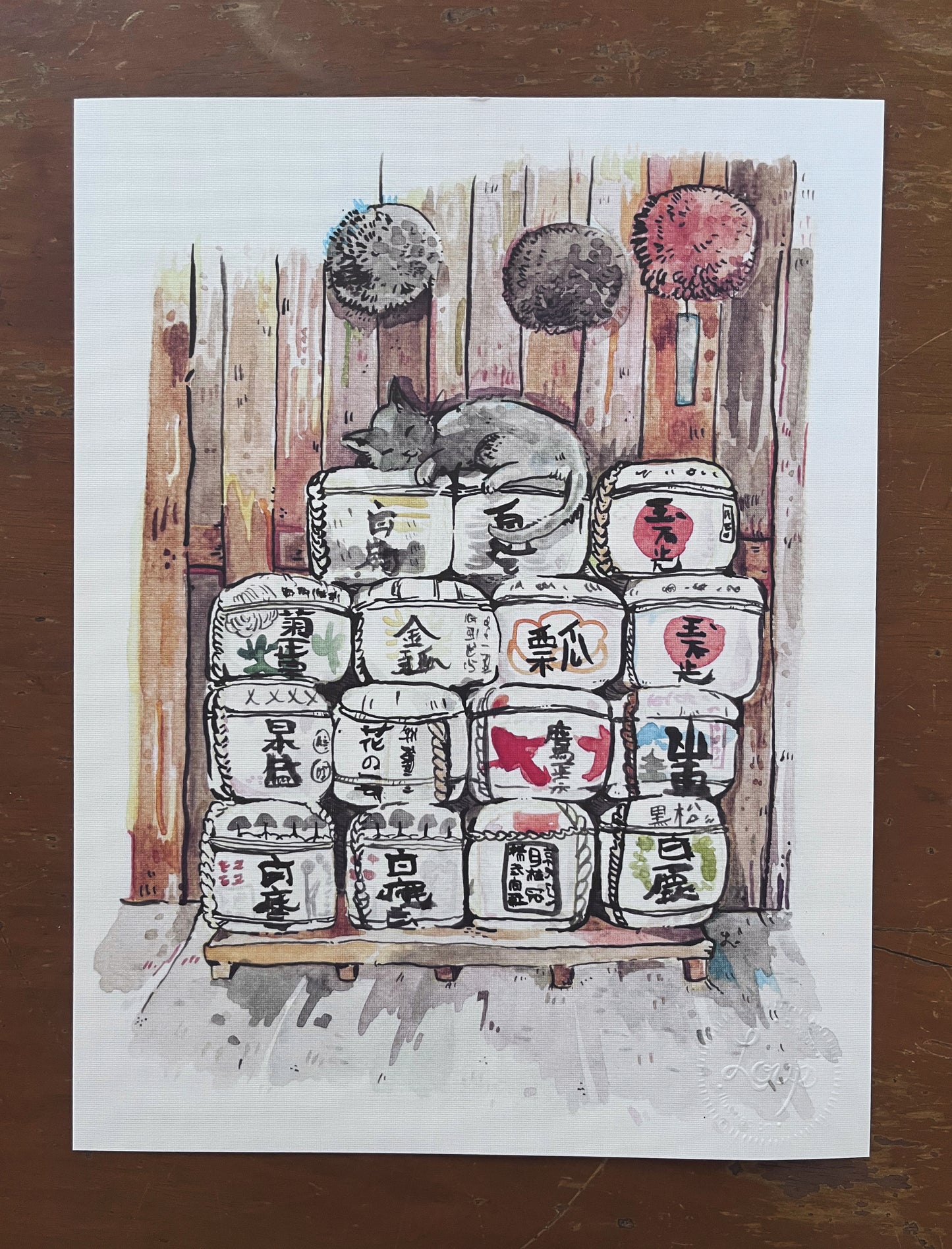 Print, gatito en barriles de sake, tamaño carta