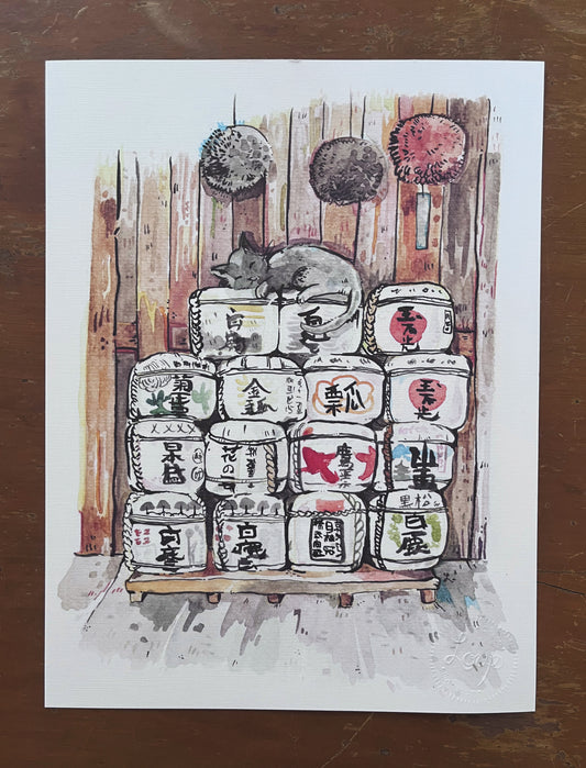 Print, gatito en barriles de sake, tamaño carta